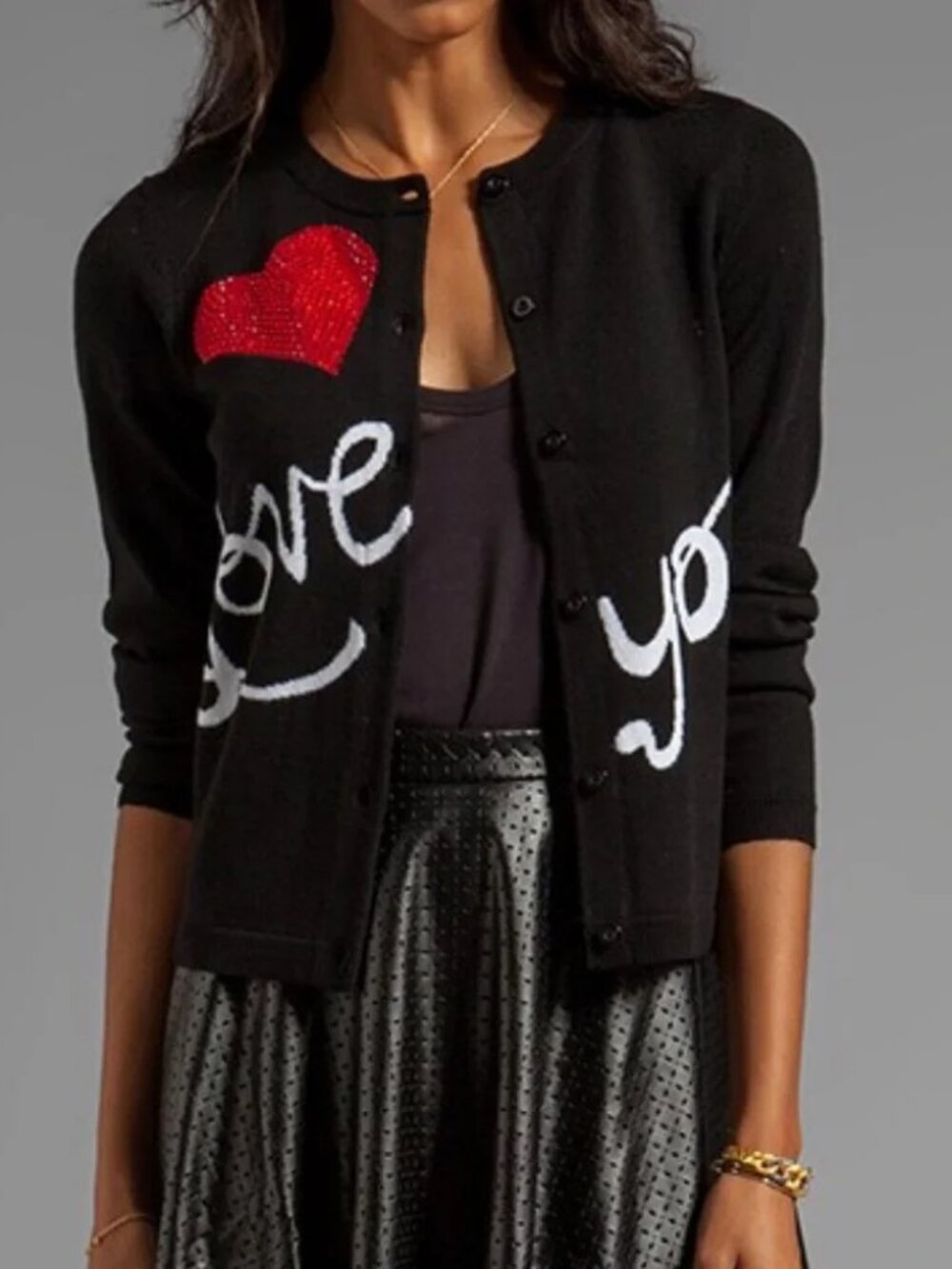 ALICE + OLIVIA Cardigan Sweater Womens Medium Black Love You Heart Rhinestone